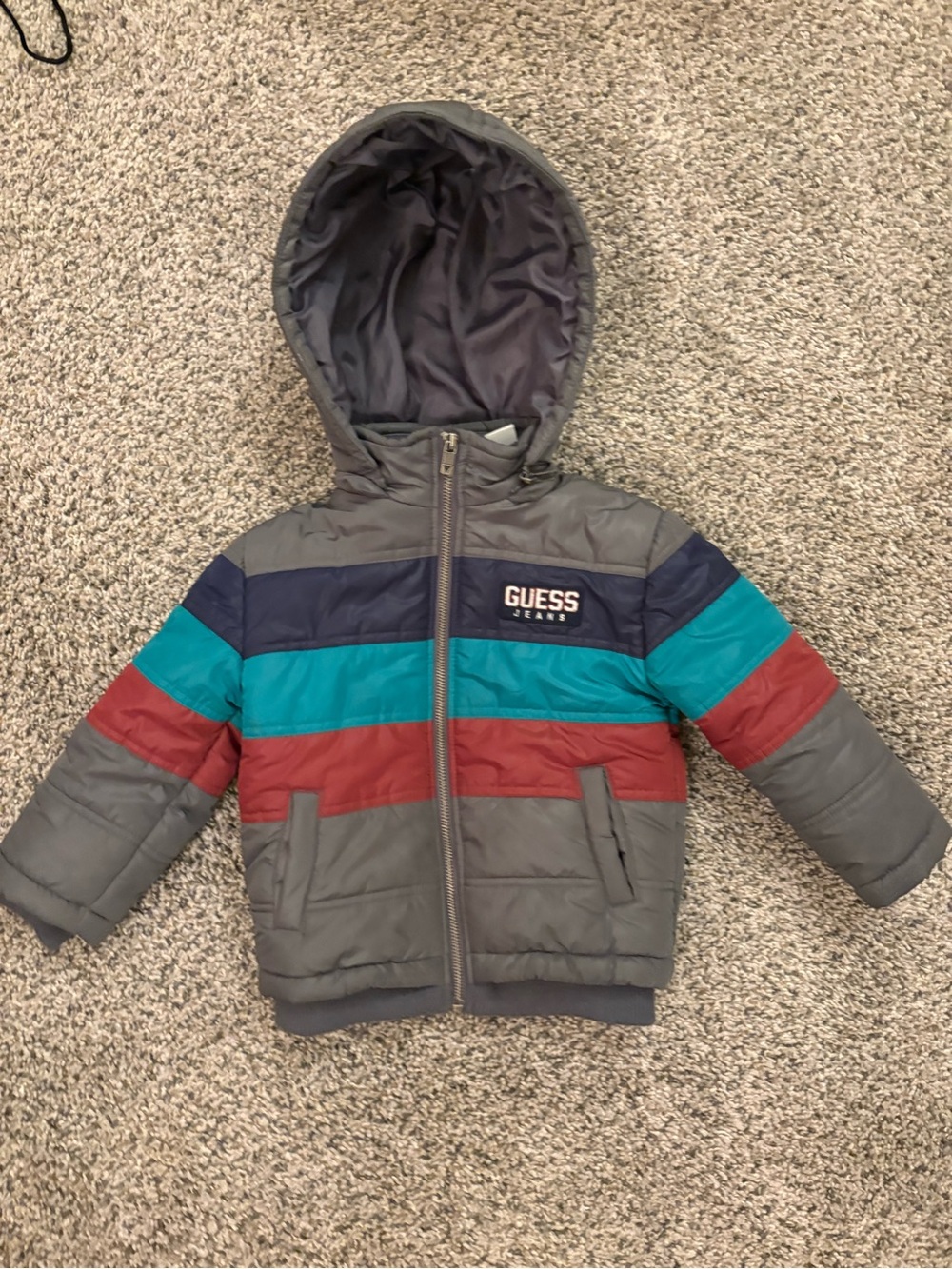 Guess Kids Hooded Colorblock Puffer Jacket - Gray/Teal/Red/Navy